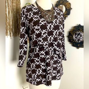 NWOT Susan Graver 3/4 Sleeve Brown Base White Double Unity Knots Layered Top XXS